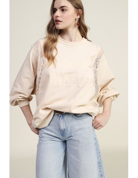 Sweater met ronde hals, kanten details en Dixie-opschrift aan de voorkant
