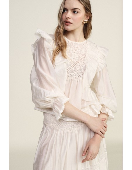 Dixie-blouse met ruches en transparante mouwen