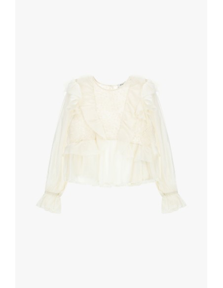 Dixie-blouse met ruches en transparante mouwen