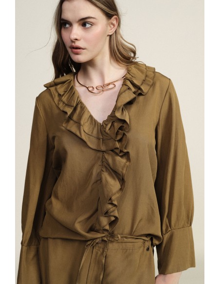 Dixie-blouse met ruches bij de hals en lange mouwen