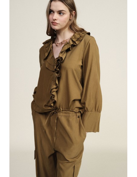 Dixie-blouse met ruches bij de hals en lange mouwen