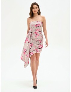 Korte strapless jurk met rozenmotief en maxi-volant van Rinascimento