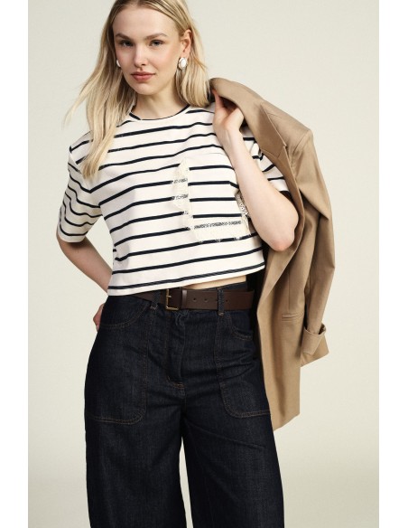 Gestreept cropped T-shirt met zak en gerafelde boord Dixie