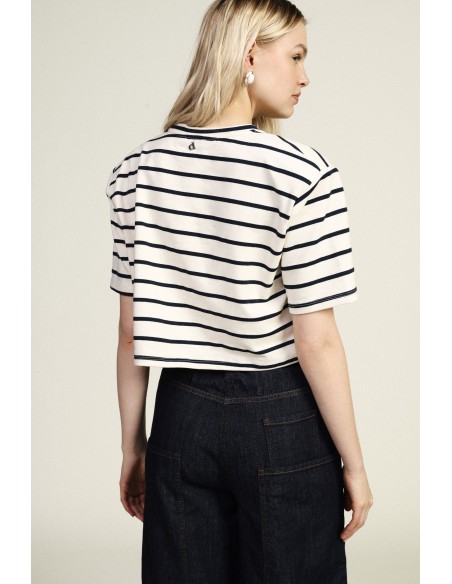 Gestreept cropped T-shirt met zak en gerafelde boord Dixie