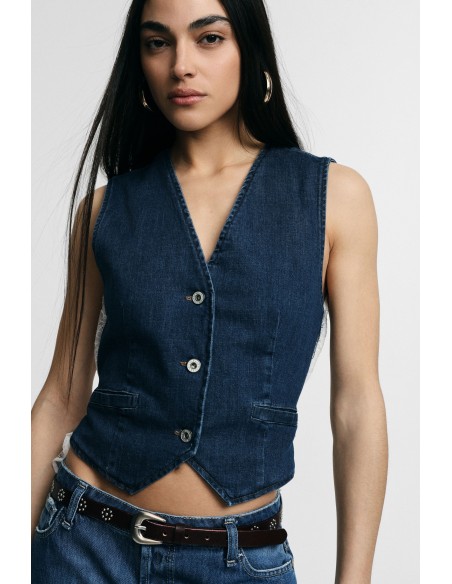 Mouwloos denim gilet met contrasterende rand aub