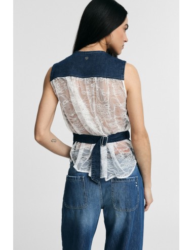 Mouwloos denim gilet met contrasterende rand aub