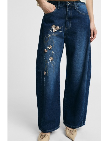 Wijde pijp-jeans met bloemenborduursel Please