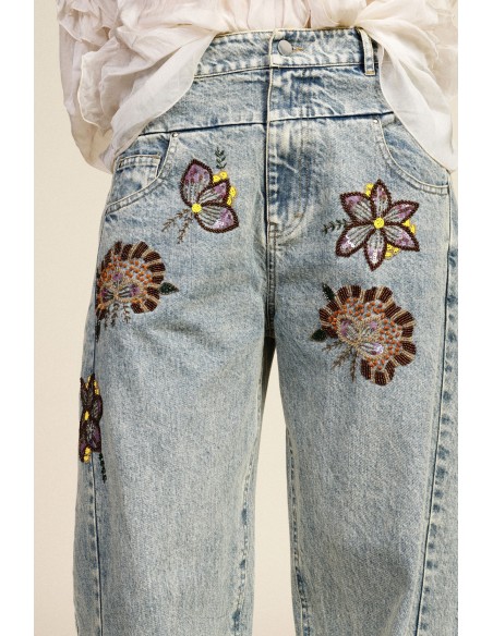 Wide-legjeans met bloemenborduursels en hoge taille Dixie