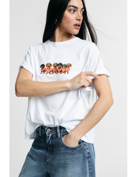 T-shirt met teckelprint, regular fit, ronde hals, alstublieft