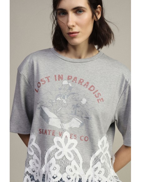 Dixie T-shirt met korte mouwen, print en kanten inzetstuk