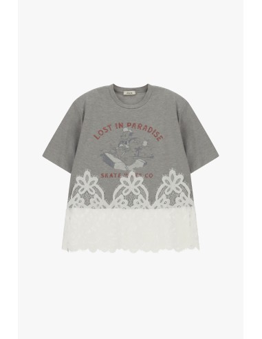 Dixie T-shirt met korte mouwen, print en kanten inzetstuk