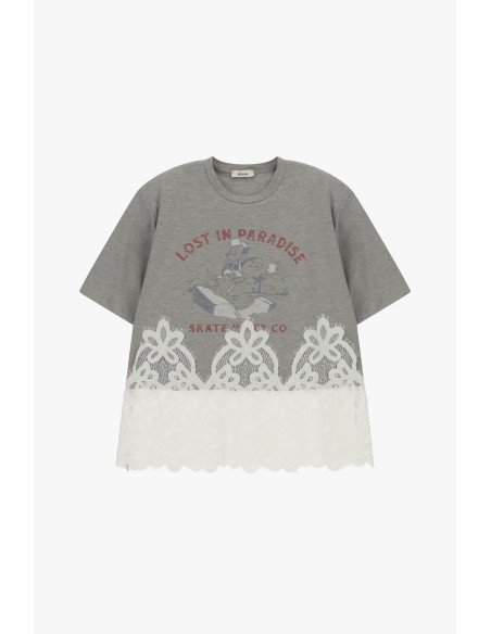 Dixie T-shirt met korte mouwen, print en kanten inzetstuk