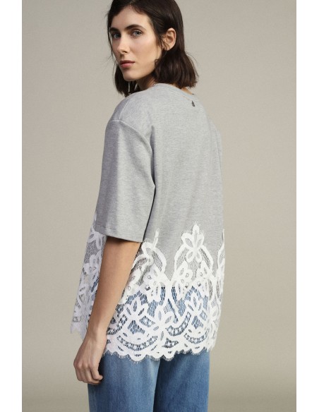 Dixie T-shirt met korte mouwen, print en kanten inzetstuk