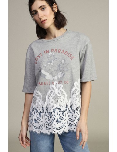 Dixie T-shirt met korte mouwen, print en kanten inzetstuk