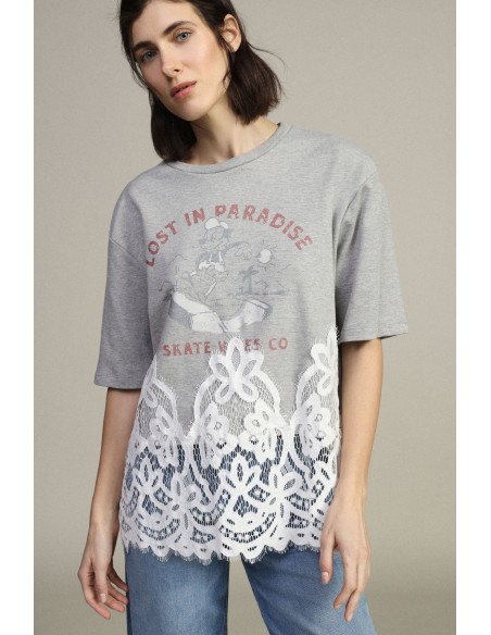 Dixie T-shirt met korte mouwen, print en kanten inzetstuk