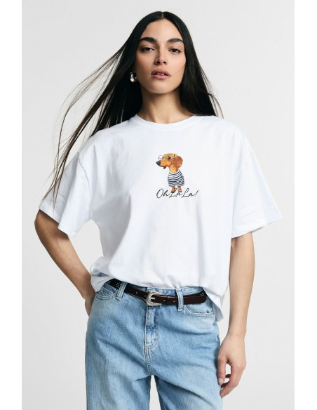Ruimvallend T-shirt met hondenprint en grafische opdruk aan de voorkant, alsjeblieft