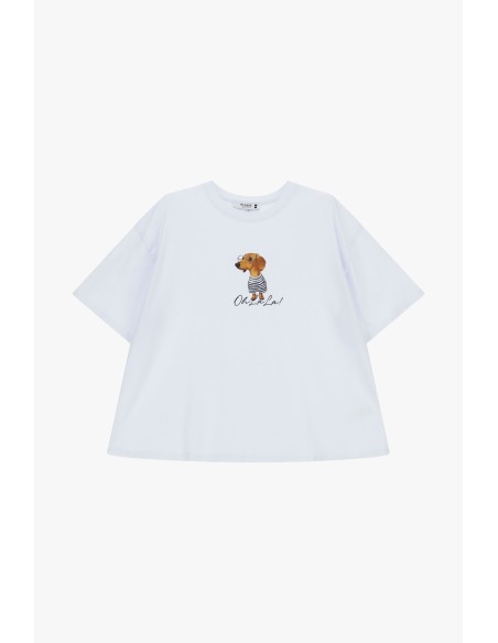 Ruimvallend T-shirt met hondenprint en grafische opdruk aan de voorkant, alsjeblieft