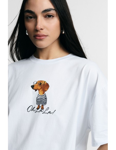 Ruimvallend T-shirt met hondenprint en grafische opdruk aan de voorkant, alsjeblieft