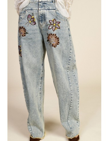 Wide-legjeans met bloemenborduursels en hoge taille Dixie