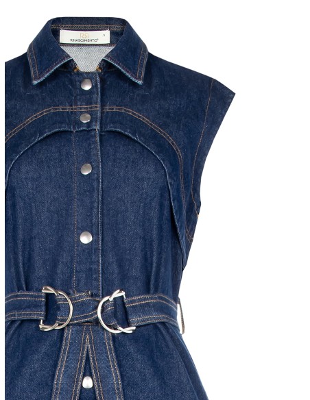Korte jurk van stretchdenim met zakken en bijpassende riem Rinascimento