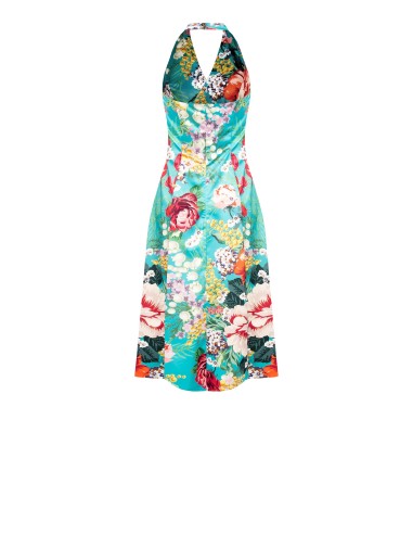 Midi-jurk van duchesse-satijn met bloemenprint, open rug en zakken van Rinascimento