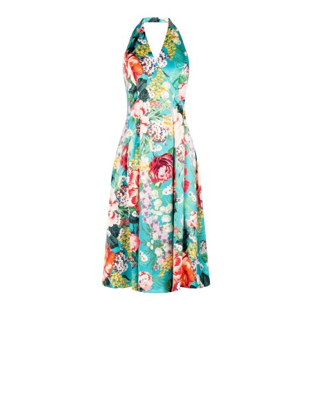 Midi-jurk van duchesse-satijn met bloemenprint, open rug en zakken van Rinascimento