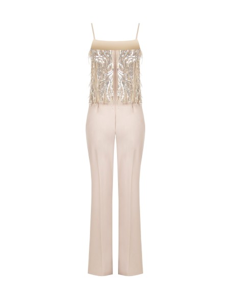 Palazzo-jumpsuit van soepelvallende stof met borduursels en paillettenfranjes van Rinascimento