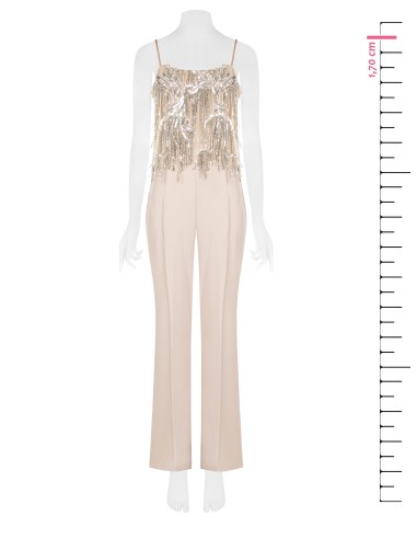 Palazzo-jumpsuit van soepelvallende stof met borduursels en paillettenfranjes van Rinascimento