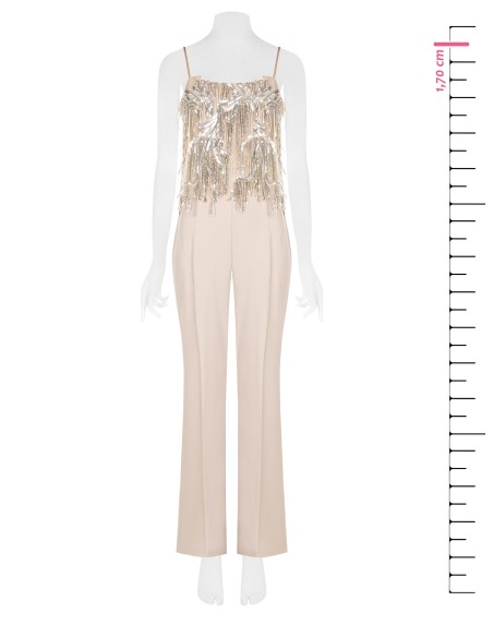 Palazzo-jumpsuit van soepelvallende stof met borduursels en paillettenfranjes van Rinascimento