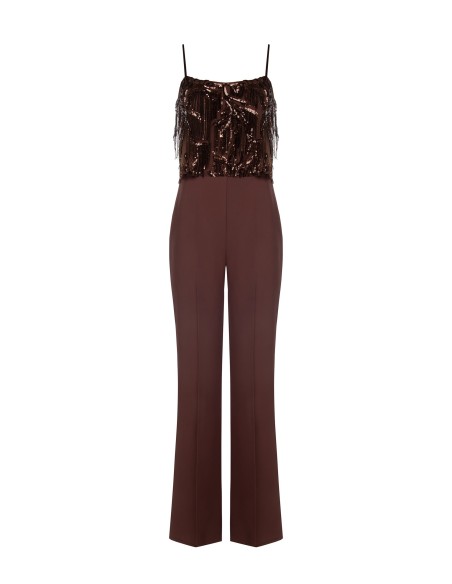 Palazzo-jumpsuit van soepelvallende stof met borduursels en paillettenfranjes van Rinascimento