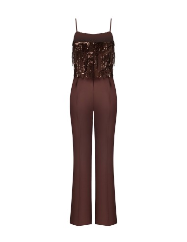 Palazzo-jumpsuit van soepelvallende stof met borduursels en paillettenfranjes van Rinascimento