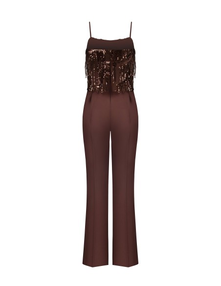 Palazzo-jumpsuit van soepelvallende stof met borduursels en paillettenfranjes van Rinascimento
