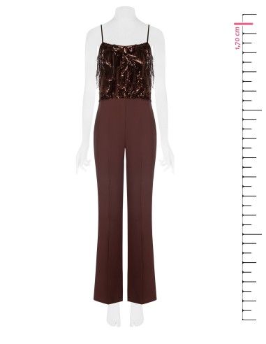 Palazzo-jumpsuit van soepelvallende stof met borduursels en paillettenfranjes van Rinascimento