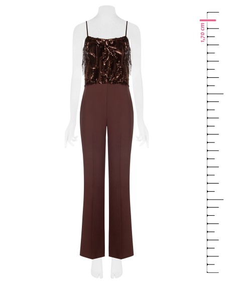 Palazzo-jumpsuit van soepelvallende stof met borduursels en paillettenfranjes van Rinascimento