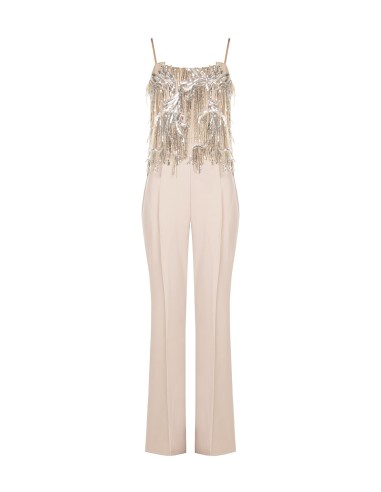 Palazzo-jumpsuit van soepelvallende stof met borduursels en paillettenfranjes van Rinascimento