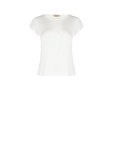 Regular T-shirt van viscose met reliëfprint van een bloem en pailletten