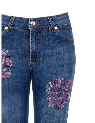 Rechte stretchjeans met aangebrachte strassbloemen Rinascimento