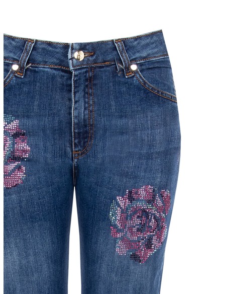 Rechte stretchjeans met aangebrachte strassbloemen Rinascimento