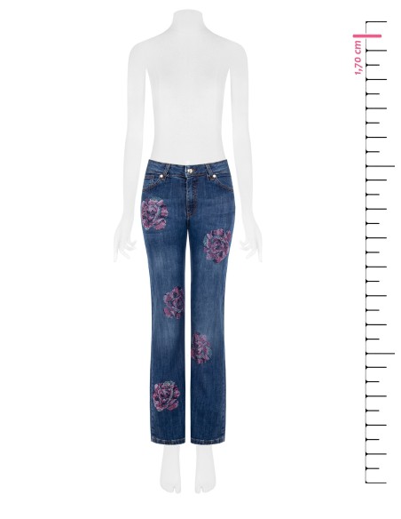 Rechte stretchjeans met aangebrachte strassbloemen Rinascimento