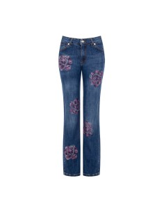 Rechte stretchjeans met aangebrachte strassbloemen Rinascimento