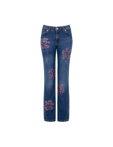 Rechte stretchjeans met aangebrachte strassbloemen Rinascimento