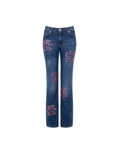 Rechte stretchjeans met aangebrachte strassbloemen Rinascimento