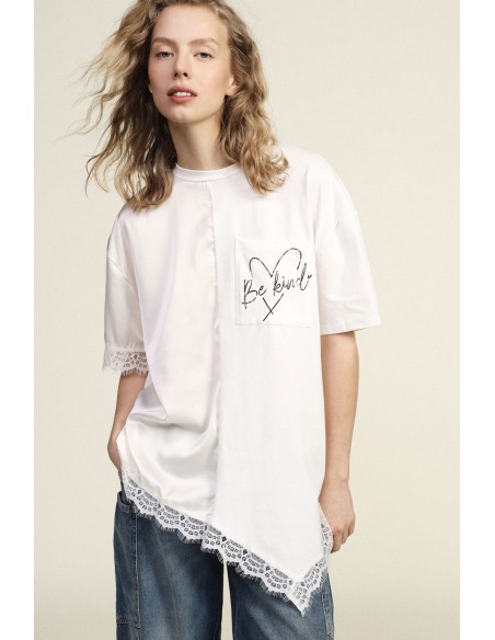 Dixie T-shirt met korte mouwen, tekst en kanten rand