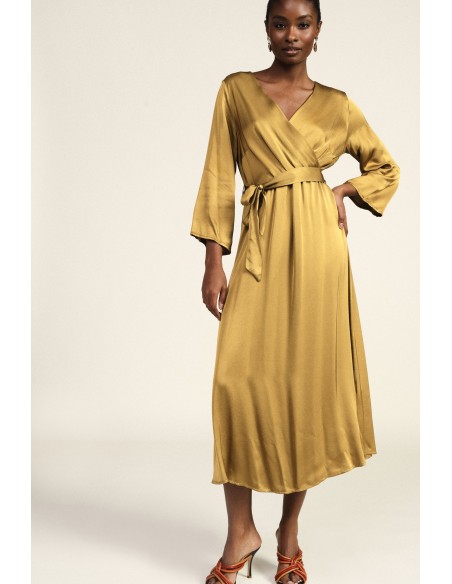 Dixie midi-jurk met overslag en ceintuur in de taille