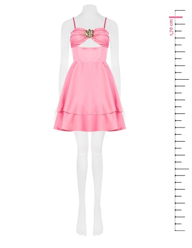 Korte babydolljurk van zware satijnstof met laagjes, cut-out en juweelbloem Rinascimento