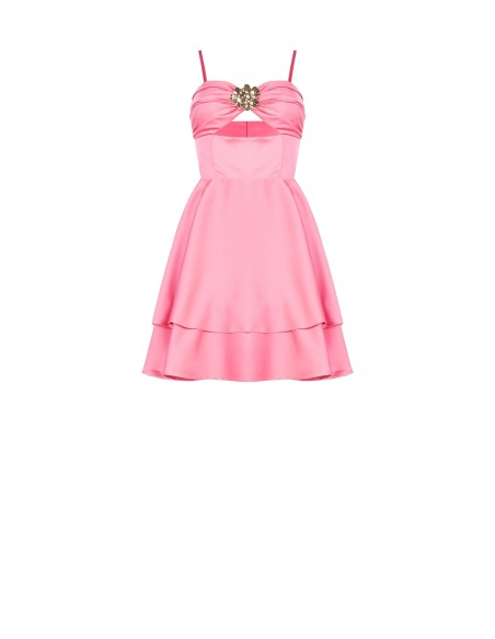 Korte babydolljurk van zware satijnstof met laagjes, cut-out en juweelbloem Rinascimento
