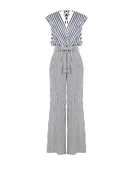 Palazzo-jumpsuit van viscosemix met strepen en dubbele diepe V-hals Rinascimento