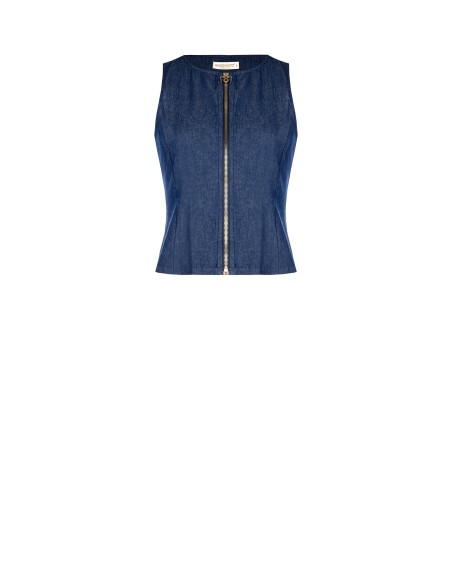 Getailleerd vest van lichte denim met ritssluiting en RR Rinascimento-logo