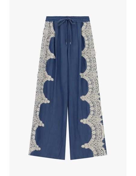 Palazzo-broek met contrasterende borduursels aan de zijkant van Dixie