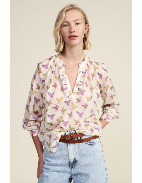 Dixie Fantasieblouse met volantkraag en lange mouwen